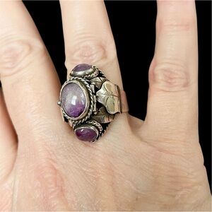 Vintage Taxco Mexico Sterling Silver and Amethyst adjustable poison ring
